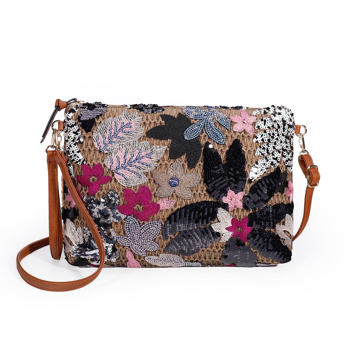 Nancy - Large Floral Embroidered Straw Clutch Bag