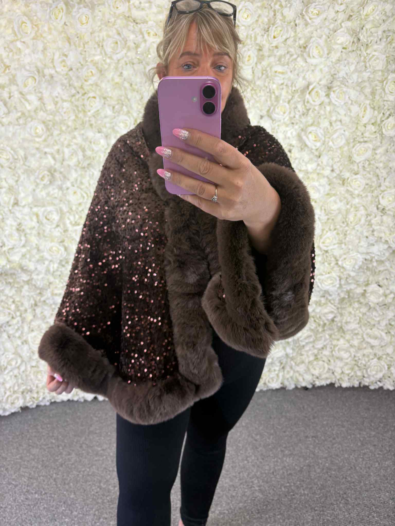 Avery - Sequin Faux Fur Poncho 10 to 24