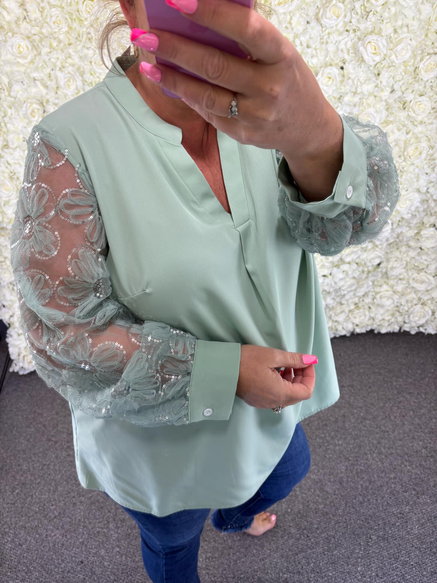 CELIA - Lace & Sequin Arm Blouse 14 to 26