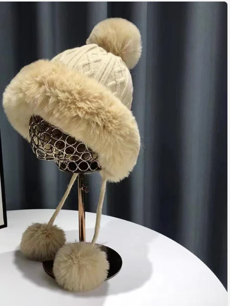 Tammy - Double Layer Fleece Line Beanie Hat with Bobble Pom Pom