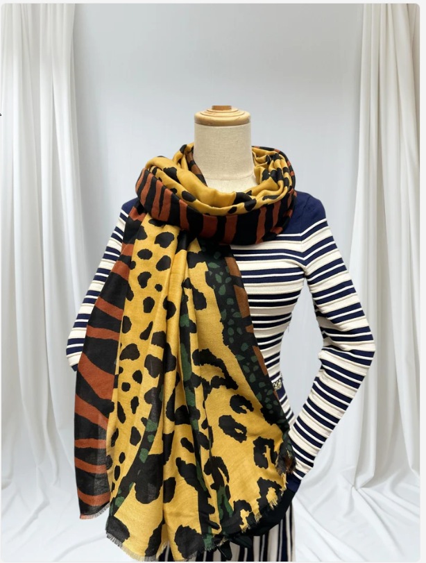 Harmony - Leopard Print & Striped Bordered Scarf