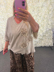 Betty - Linen Mix Flower Blouse 14 to 24